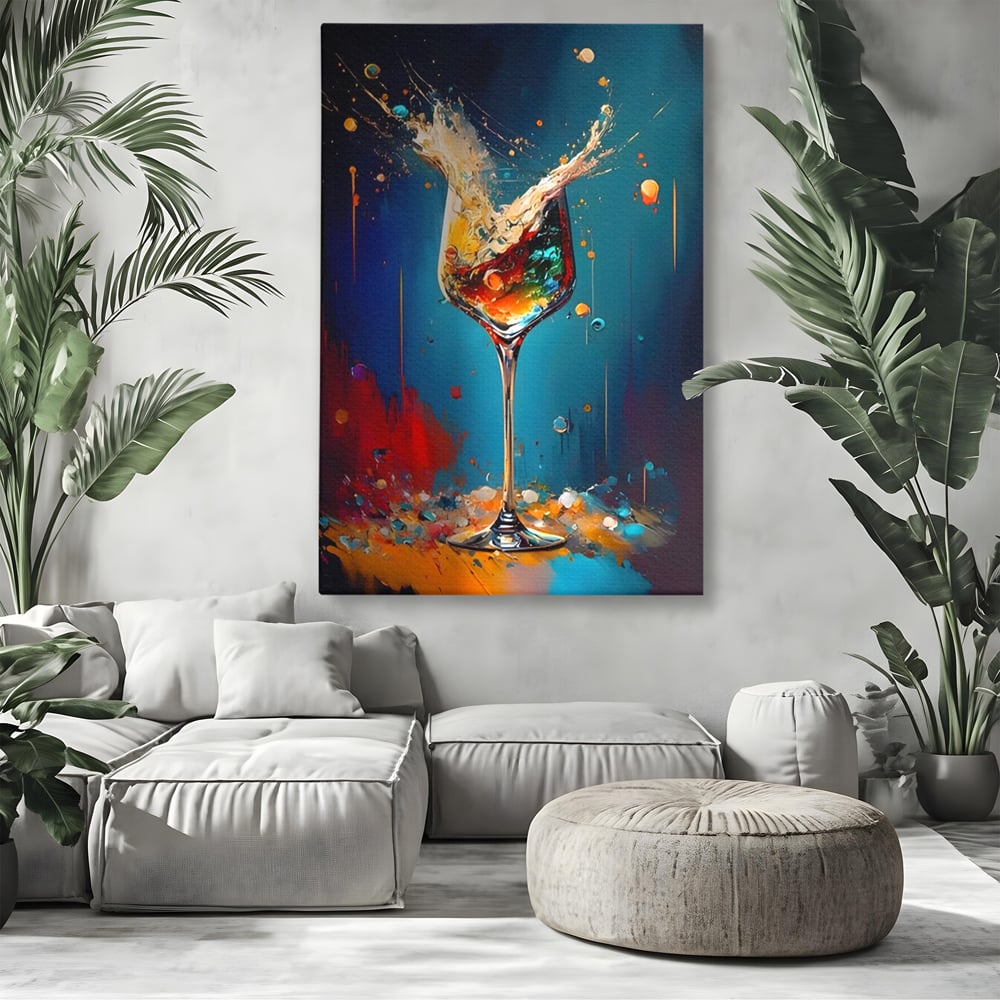Tablou canvas cu tablou canvas cu pahar de cocktail si stropi colorati, fara rama, pe sasiu de lemn, pe perete intr-un living